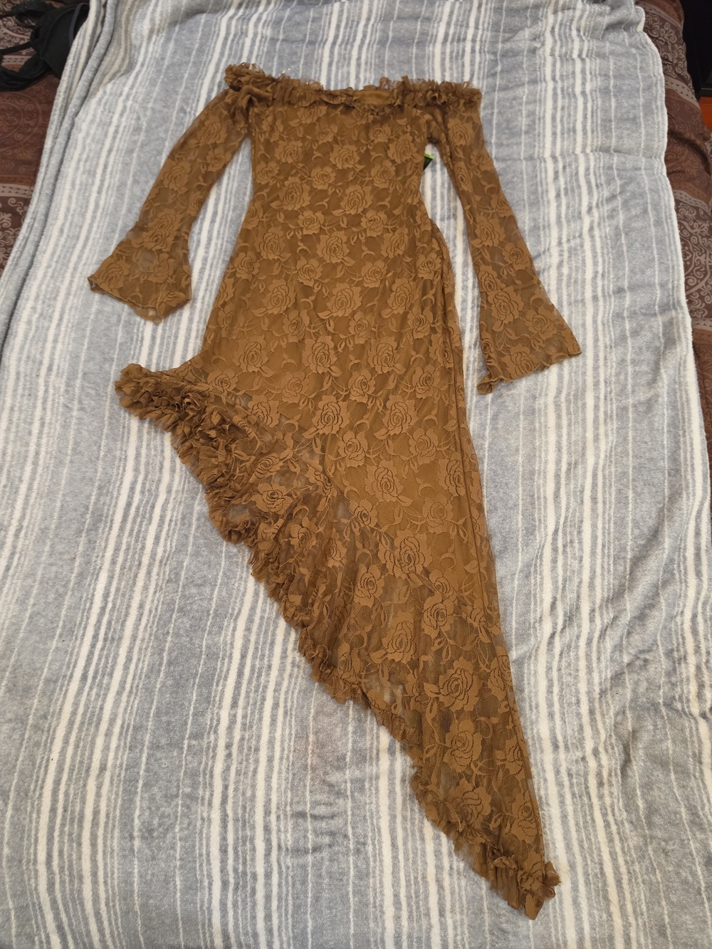 Women's Off-Shoulder Asymmetric Lace Dress in Brown